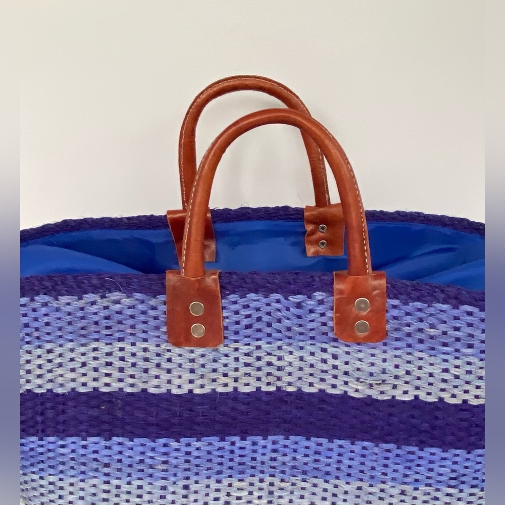 LOVESTITCH Woven Multi-Striped Tote Basket Bag, with Hand-cut Leather Handles - Picture 6 of 12